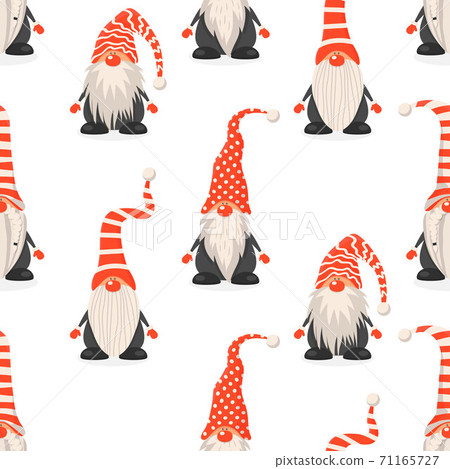 Vector Seamless Pattern with Scandinavian Christmas Cute Gnomes with Red Caps in Flat Style. Dwarfs. Design Template for Merry Christmas and Happy New Year Card, Package. Cartoon Kids Characters 71165727