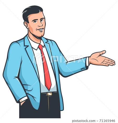 Stylish man in suit explane gesture 71165946