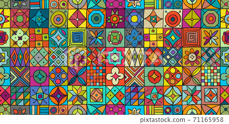 Talavera pattern. Indian patchwork. Turkish ornament. Moroccan tile mosaic. Spanish decoration. Ethnic background. Seamless pattern for your design 71165958