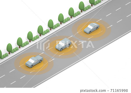 Three cars that run autonomously. Safe drive technology. Run at high speed. Sensor from the car. 71165998