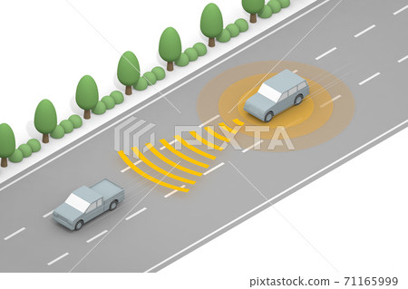 Three cars that run autonomously. Safe drive technology. Run at high speed. Sensor from the car. 71165999