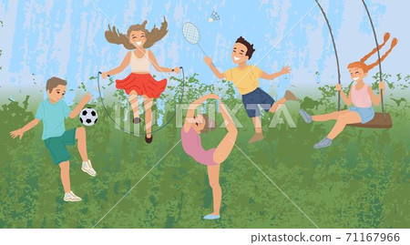 Children play sports, summer activity of schoolchildren on the grass in the park. Kids walk in the summer. Vector illustration Children play sports, summer activity of schoolchildren on the grass in the park. Kids walk in the summer. Vector illustration 71167966