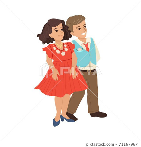 A pair of children, a boy and a girl in beautiful dresses go on a date or a holiday. Vector characters on a white background. A pair of children, a boy and a girl in beautiful dresses go on a date or a holiday. Vector characters on a white background. 71167967