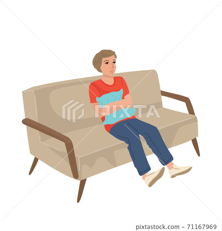Teenager boy sits on a couch, presses a pillow, stomach ache, bad mood, illness. Vector illustration of a character on a white background. Teenager boy sits on a couch, presses a pillow, stomach ache, bad mood, illness. Vector illustration of a character on a white background. 71167969