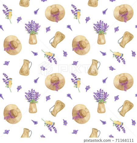 Repeat pattern of watercolor hand drawn lavender flowers and decorated hat, simple seamless romantic ornament symbol of summer holidays in French Provence for fabric, textile, gift paper design Repeat pattern of watercolor hand drawn lavender flowers and decorated hat, simple seamless romantic ornament symbol of summer holidays in French Provence for fabric, textile, gift paper design 71168111