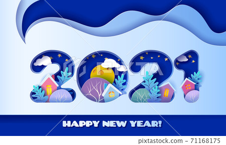 Winter countryside landscape village with houses, pine trees inside numbers 2021 Winter countryside landscape village with houses, pine trees inside numbers 2021 71168175
