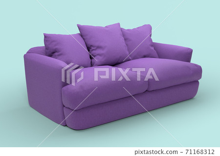 Violet couch with pillows on studio blue background. 71168312
