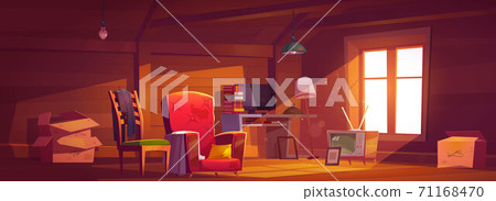 Attic room with old things, garret with window Attic room with old things, garret with window 71168470