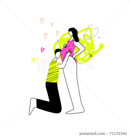 Pregnant woman and happy future father. Husband hugs his wife belly. Baby awaiting illustration. Vector line art abstract trendy poster for reproductive clinics. Maternity parenthood concept 71170392