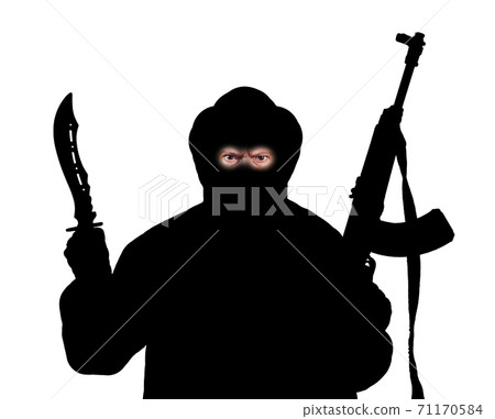 The black silhouette of man armed with kalashnikov and knife isolated on a white background. 71170584