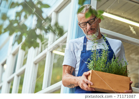 Middle aged caucasian man with spicy herbs in box Middle aged caucasian man with spicy herbs in box 71171087