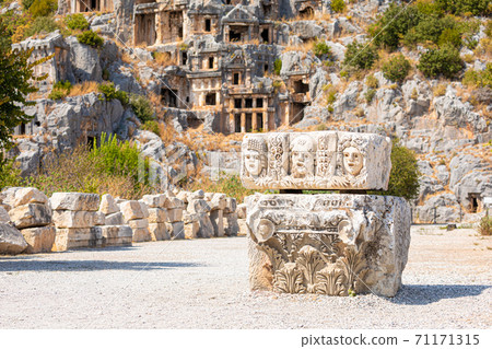 Ancient lycian rock tomb ruins in Demre, former Myra, Antalya, Turkey 71171315
