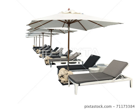 Relaxing pool bed beside swimming pool on white background with clipping path Relaxing pool bed beside swimming pool on white background with clipping path 71173384