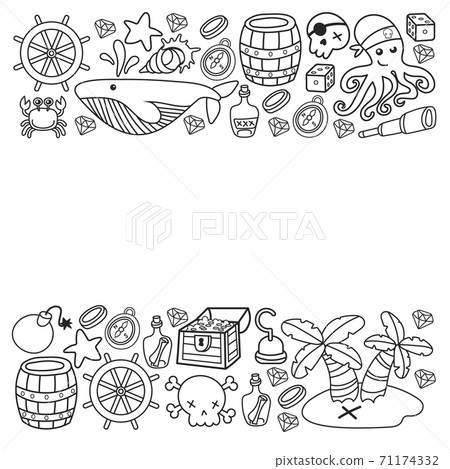 Children pirate party. Symbols of piracy - hat, swords, guns, treasure chest, ship, black flag, jolly roger emblem, skull and crossbones, compass. 71174332