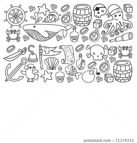 Children pirate party. Symbols of piracy - hat, swords, guns, treasure chest, ship, black flag, jolly roger emblem, skull and crossbones, compass. 71174333