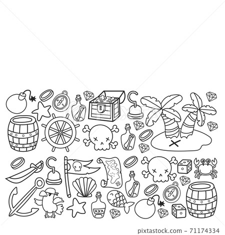 Children pirate party. Symbols of piracy - hat, swords, guns, treasure chest, ship, black flag, jolly roger emblem, skull and crossbones, compass. 71174334