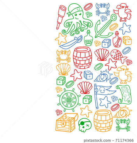 Children pirate party. Symbols of piracy - hat, swords, guns, treasure chest, ship, black flag, jolly roger emblem, skull and crossbones, compass. 71174366