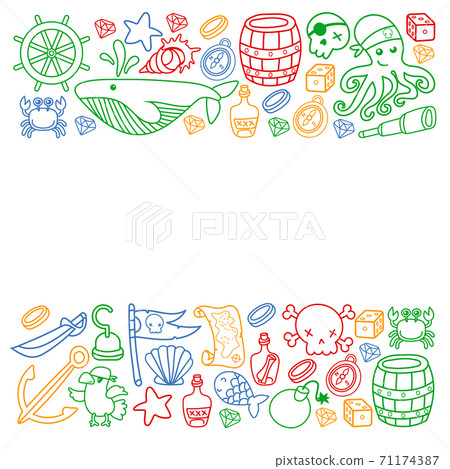 Children pirate party. Symbols of piracy - hat, swords, guns, treasure chest, ship, black flag, jolly roger emblem, skull and crossbones, compass. 71174387