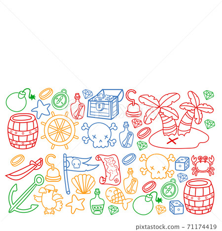 Children pirate party. Symbols of piracy - hat, swords, guns, treasure chest, ship, black flag, jolly roger emblem, skull and crossbones, compass. 71174419