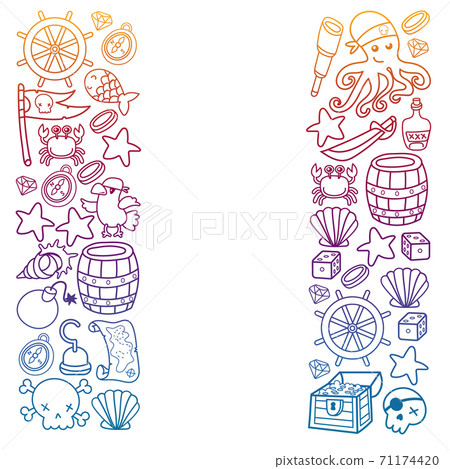 Children pirate party. Symbols of piracy - hat, swords, guns, treasure chest, ship, black flag, jolly roger emblem, skull and crossbones, compass. Children pirate party. Symbols of piracy - hat, swords, guns, treasure chest, ship, black flag, jolly roger emblem, skull and crossbones, compass. 71174420