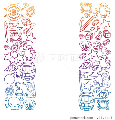 Children pirate party. Symbols of piracy - hat, swords, guns, treasure chest, ship, black flag, jolly roger emblem, skull and crossbones, compass. 71174421