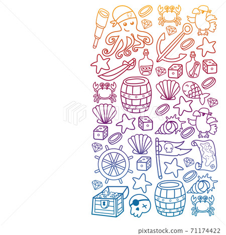 Children pirate party. Symbols of piracy - hat, swords, guns, treasure chest, ship, black flag, jolly roger emblem, skull and crossbones, compass. Children pirate party. Symbols of piracy - hat, swords, guns, treasure chest, ship, black flag, jolly roger emblem, skull and crossbones, compass. 71174422