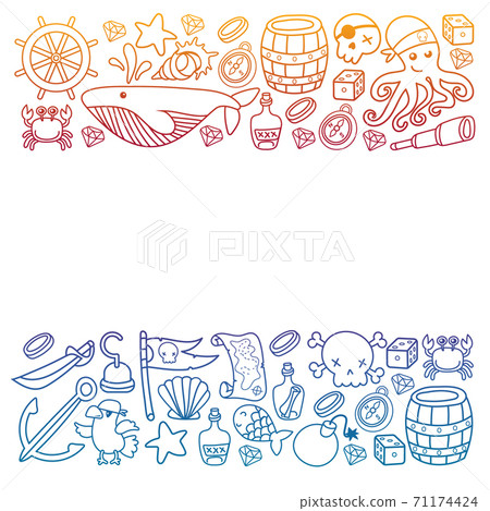 Children pirate party. Symbols of piracy - hat, swords, guns, treasure chest, ship, black flag, jolly roger emblem, skull and crossbones, compass. 71174424