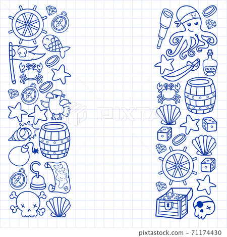 Children pirate party. Symbols of piracy - hat, swords, guns, treasure chest, ship, black flag, jolly roger emblem, skull and crossbones, compass. 71174430