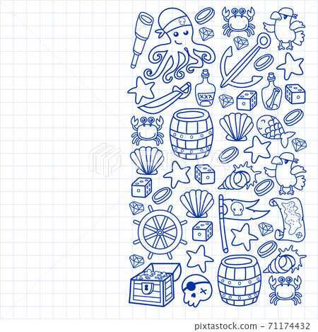 Children pirate party. Symbols of piracy - hat, swords, guns, treasure chest, ship, black flag, jolly roger emblem, skull and crossbones, compass. 71174432