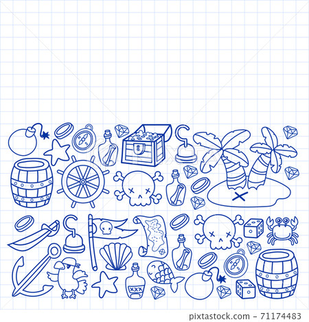 Children pirate party. Symbols of piracy - hat, swords, guns, treasure chest, ship, black flag, jolly roger emblem, skull and crossbones, compass. 71174483