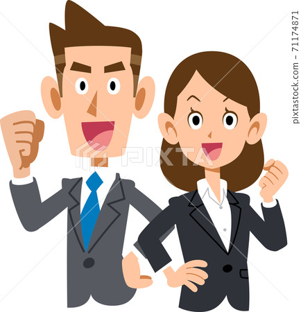 A young male and female business person with a back-to-back guts pose, upper body 71174871