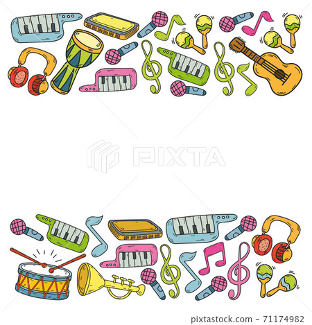 Vector music background with musical instruments. Rock, piano, guitar, jazz. Melody and microphone. Concert. Vector music background with musical instruments. Rock, piano, guitar, jazz. Melody and microphone. Concert. 71174982
