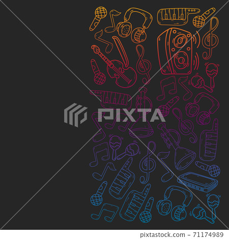 Vector music background with musical instruments. Rock, piano, guitar, jazz. Melody and microphone. Concert. Vector music background with musical instruments. Rock, piano, guitar, jazz. Melody and microphone. Concert. 71174989