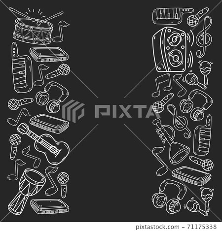 Vector music background with musical instruments. Rock, piano, guitar, jazz. Melody and microphone. Concert. Vector music background with musical instruments. Rock, piano, guitar, jazz. Melody and microphone. Concert. 71175338