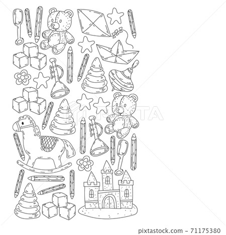 Icons for little boys and girls. Hand drawn children drawings pattern. Kindergarten toys background. Vector illustration. Icons for little boys and girls. Hand drawn children drawings pattern. Kindergarten toys background. Vector illustration. 71175380