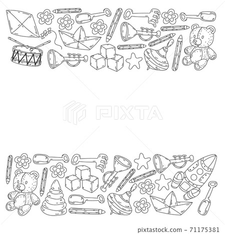 Icons for little boys and girls. Hand drawn children drawings pattern. Kindergarten toys background. Vector illustration. 71175381