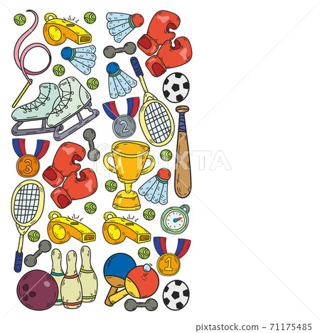 Vector pattern with sport elements. Fitness, games, exercises. Doodle icons in kids drawing style Vector pattern with sport elements. Fitness, games, exercises. Doodle icons in kids drawing style 71175485