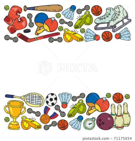 Vector pattern with sport elements. Fitness, games, exercises. Doodle icons in kids drawing style 71175854
