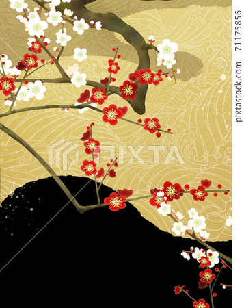 Japanese-style background of red and white plums and waves-there are multiple variations 71175856