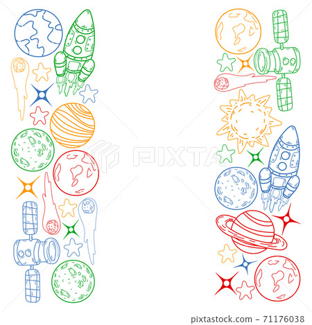 Vector doodle space pattern. Earth, Moon, Jupiter, Sun, Saturn. Vector doodle space pattern. Earth, Moon, Jupiter, Sun, Saturn. 71176038