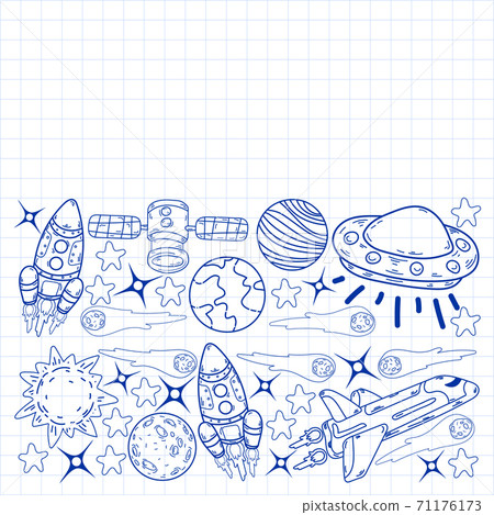 Vector doodle space pattern. Earth, Moon, Jupiter, Sun, Saturn. 71176173
