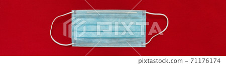 Corona virus face mask top view with red background panoramic banner. COVID-19 concept 71176174