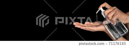 Hand sanitizer bottle disinfecting hands hygiene. Coronavirus rubbing with alcohol gel for COVID 19 outbreak spreading prevention. Panoramic banner Hand sanitizer bottle disinfecting hands hygiene. Coronavirus rubbing with alcohol gel for COVID 19 outbreak spreading prevention. Panoramic banner 71176185