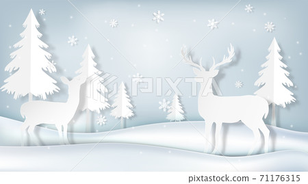 Paper art of couple deer and pine tree, winter illustration 71176315