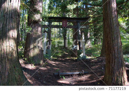 Torii of Inaoka Shrine at the entrance of Mt. Iizuna Ogawa Village, Nagano Prefecture Torii of Inaoka Shrine at the entrance of Mt. Iizuna Ogawa Village, Nagano Prefecture 71177219