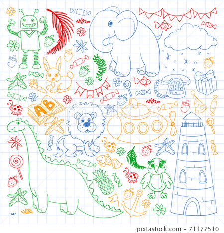 Vector kindergarten pattern with animals and toys. Illustration for little boys and girls. Vector kindergarten pattern with animals and toys. Illustration for little boys and girls. 71177510
