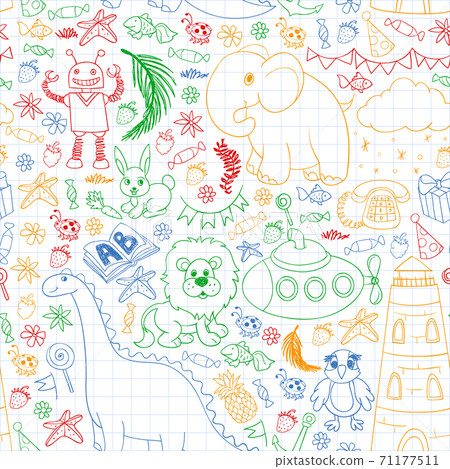 Vector kindergarten pattern with animals and toys. Illustration for little boys and girls. Vector kindergarten pattern with animals and toys. Illustration for little boys and girls. 71177511