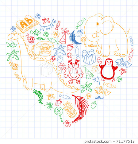 Vector kindergarten pattern with animals and toys. Illustration for little boys and girls. Vector kindergarten pattern with animals and toys. Illustration for little boys and girls. 71177512