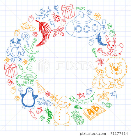 Vector kindergarten pattern with animals and toys. Illustration for little boys and girls. Vector kindergarten pattern with animals and toys. Illustration for little boys and girls. 71177514