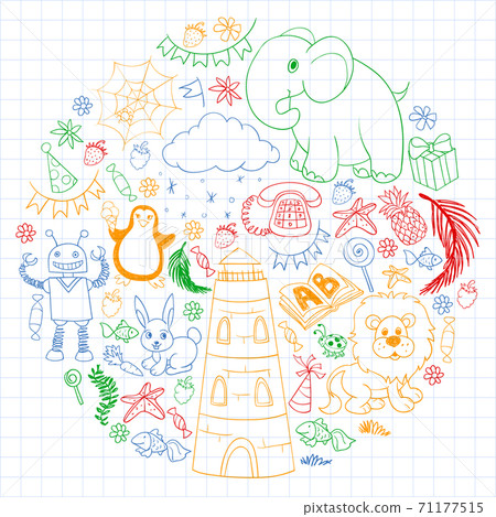 Vector kindergarten pattern with animals and toys. Illustration for little boys and girls. Vector kindergarten pattern with animals and toys. Illustration for little boys and girls. 71177515